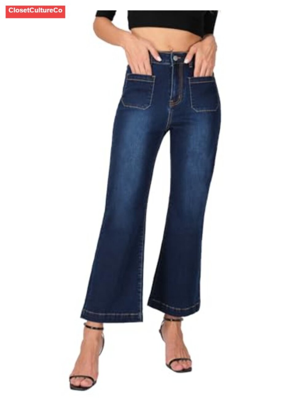 Wide Leg Petite Jeans High Waisted Stretchy Cropped Flare Patch Pockets